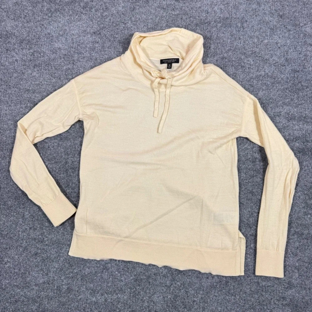 Banana Republic Cowl Neck Drawstring Sweater Womens XS Cream Merino Wool EUC
